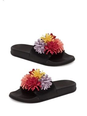 Women’s Nordstrom BP Lightweight Black Slip On Ace‎ Slide Sandal Pom Poms Size 6